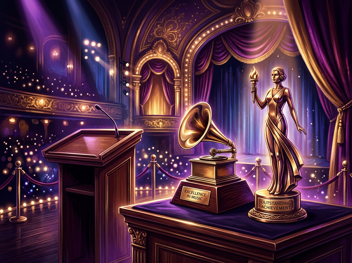 Grammy and Oscar award statuettes on stage with dramatic lighting