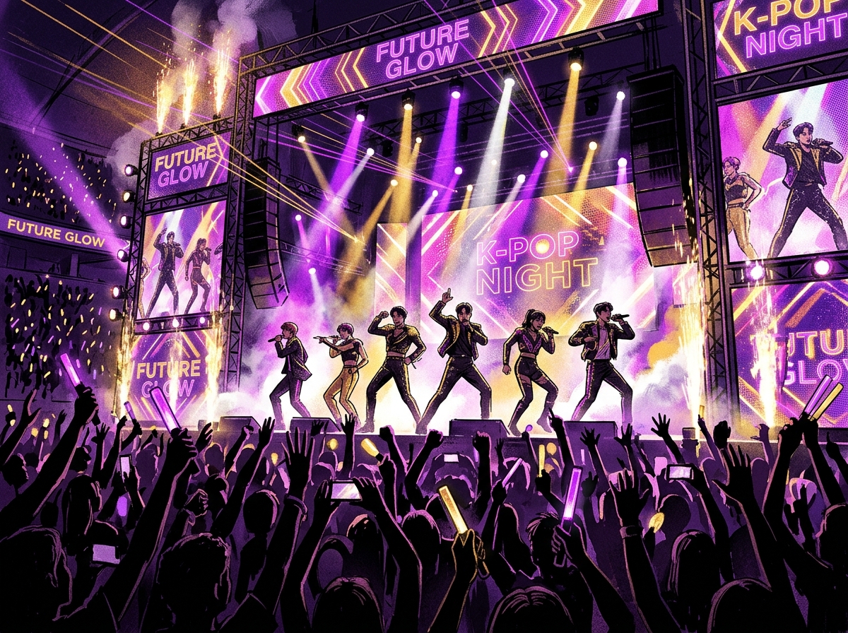 K-pop style concert stage with dynamic lights and silhouetted crowd