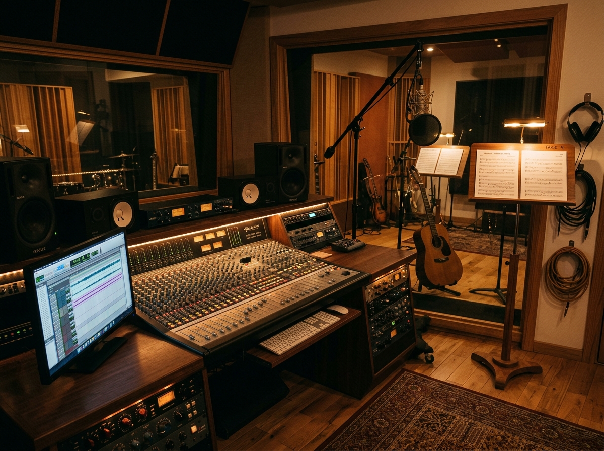 Recording studio mixing board with sheet music and microphone