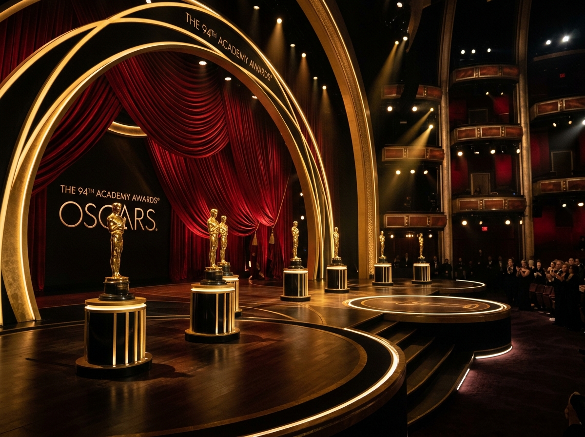 Academy Awards ceremony stage with Oscar statuettes and dramatic spotlight