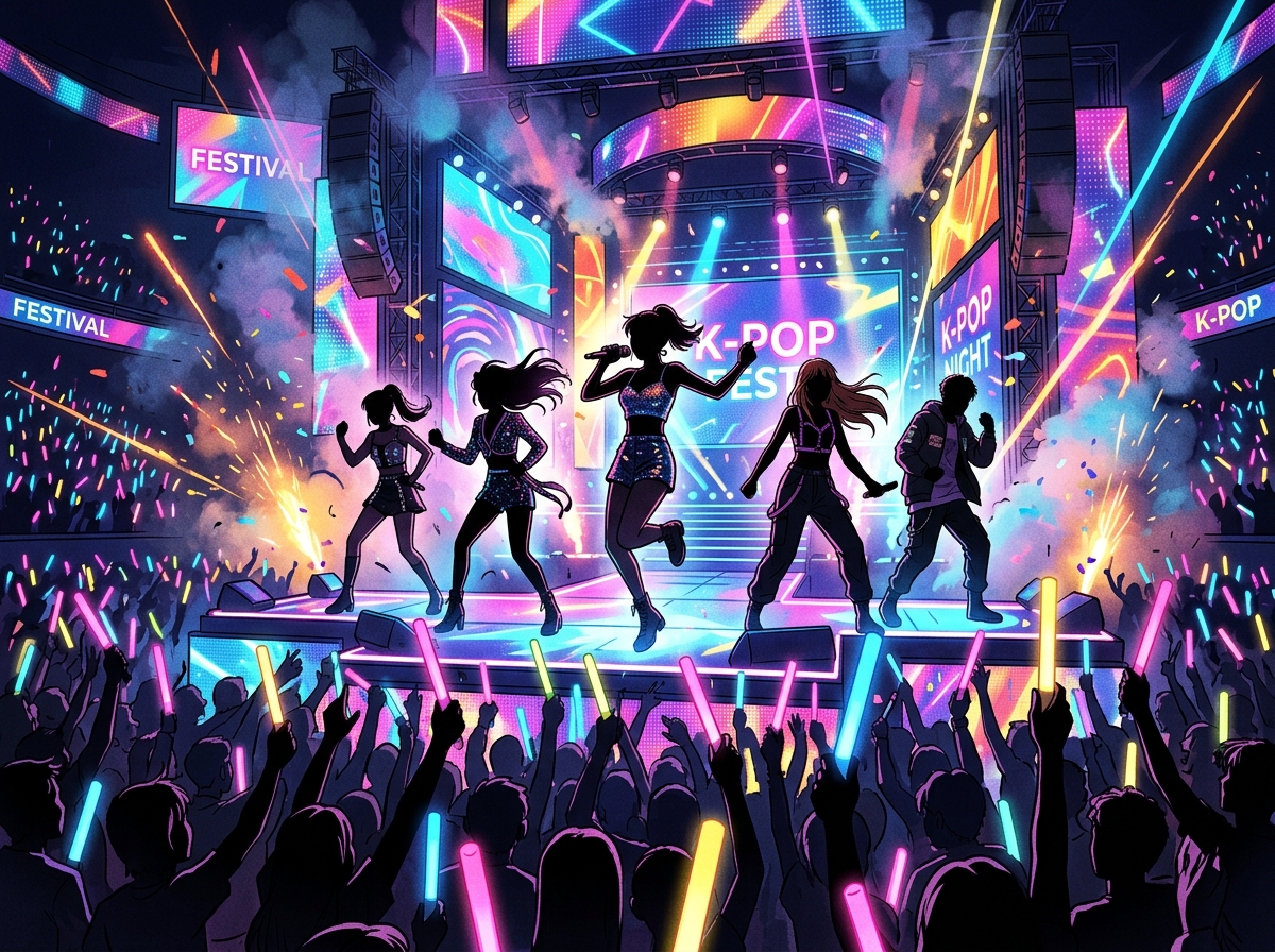 Animated K-pop concert scene with neon lights and stage effects
