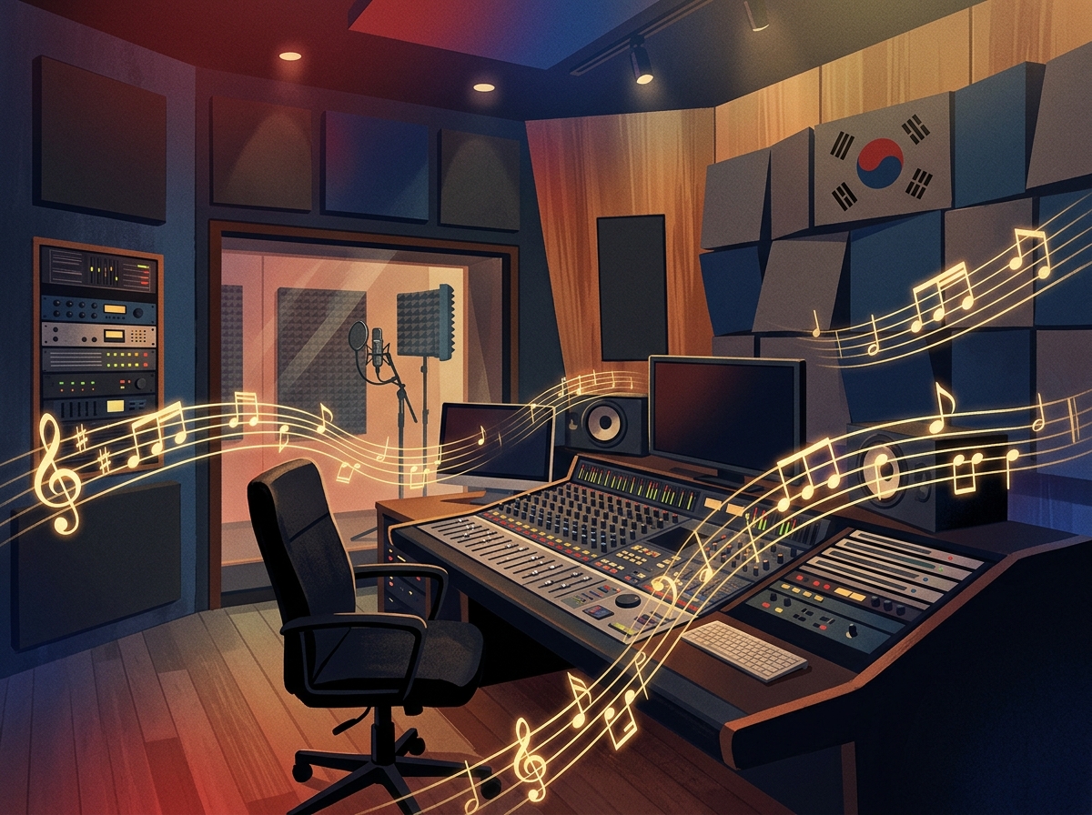 Recording studio with golden musical notes and Korean flag elements