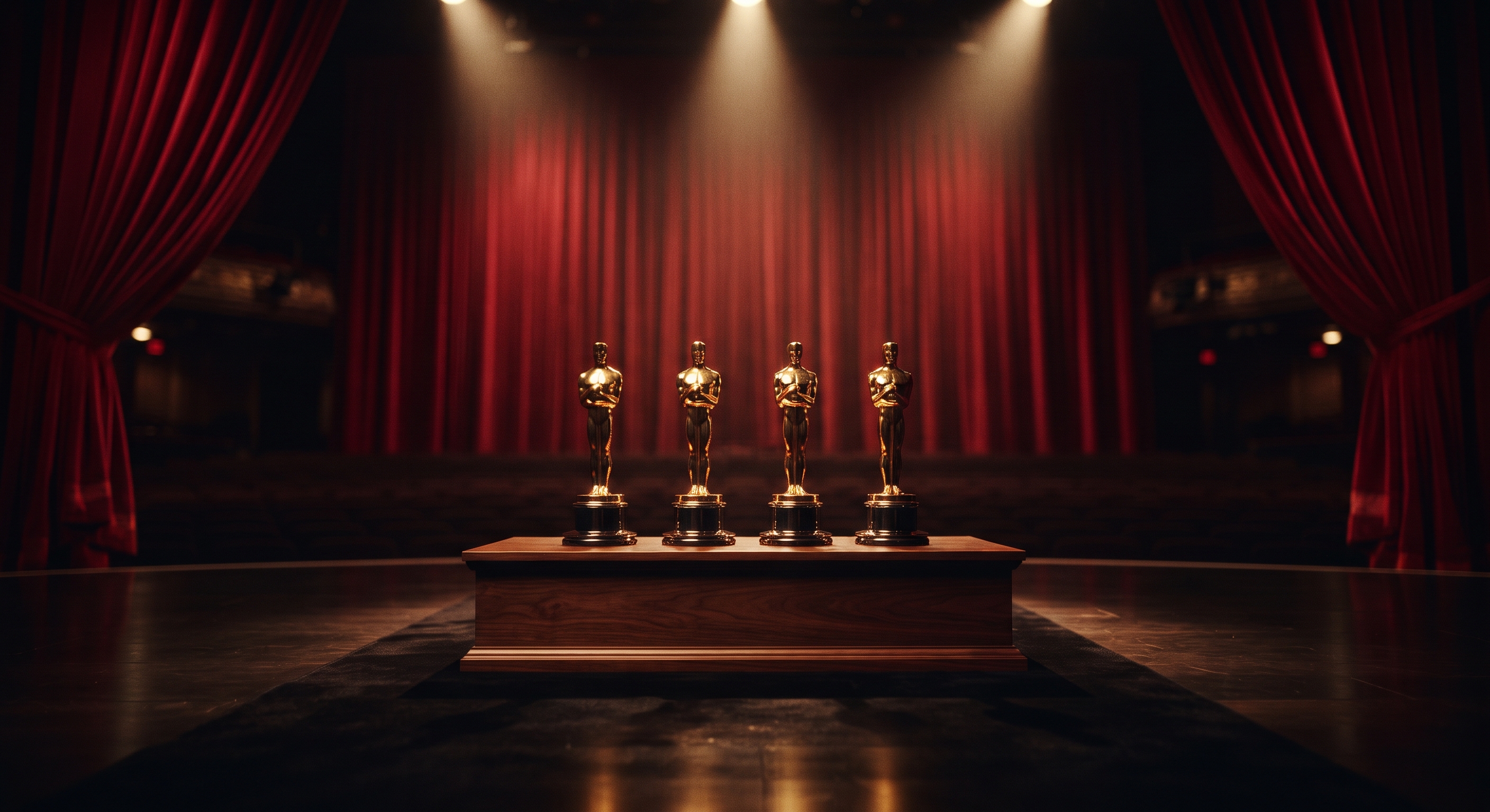 Oscar statuettes on a stage with dramatic lighting