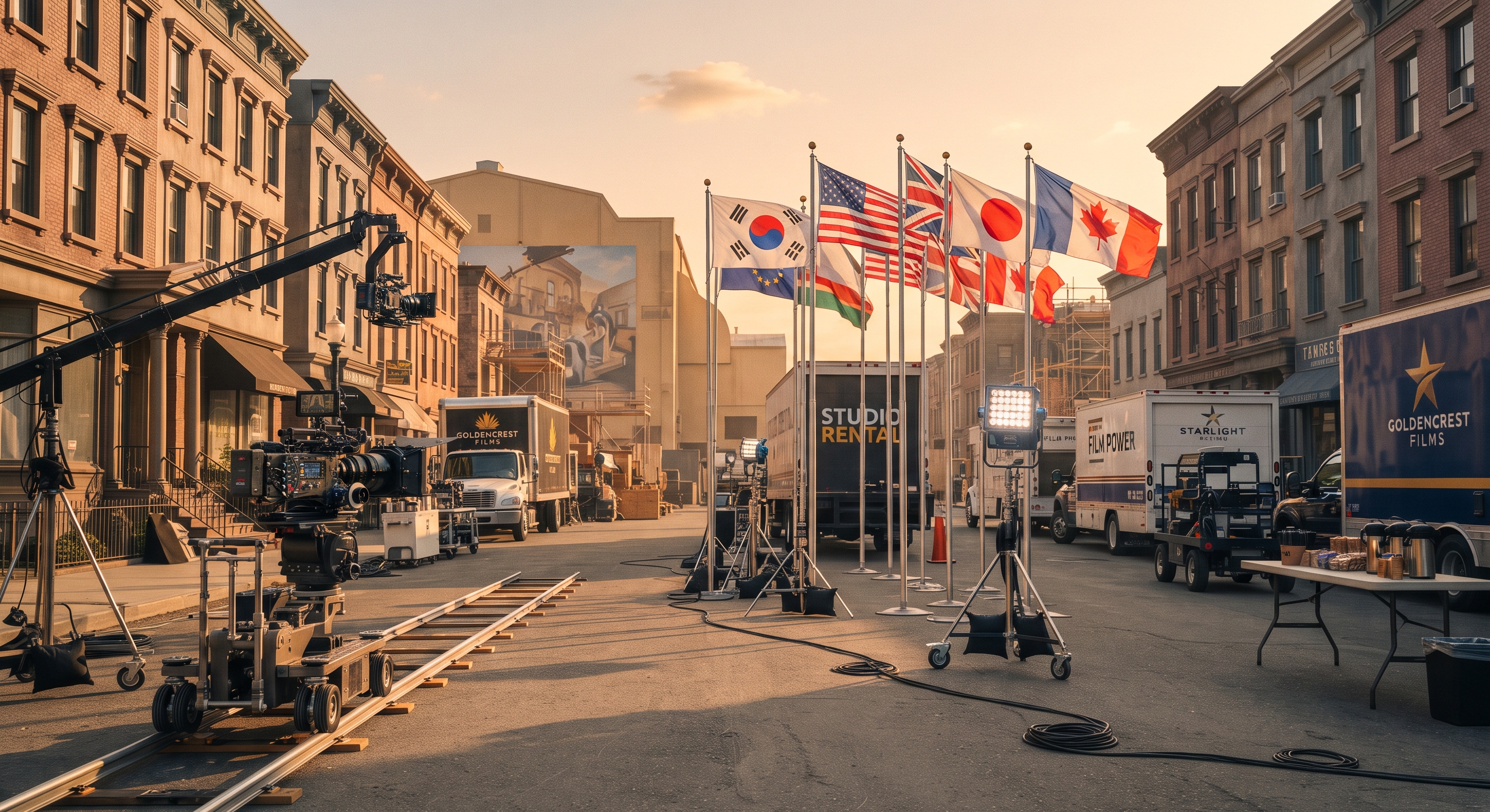 Hollywood movie studio backlot with international flags