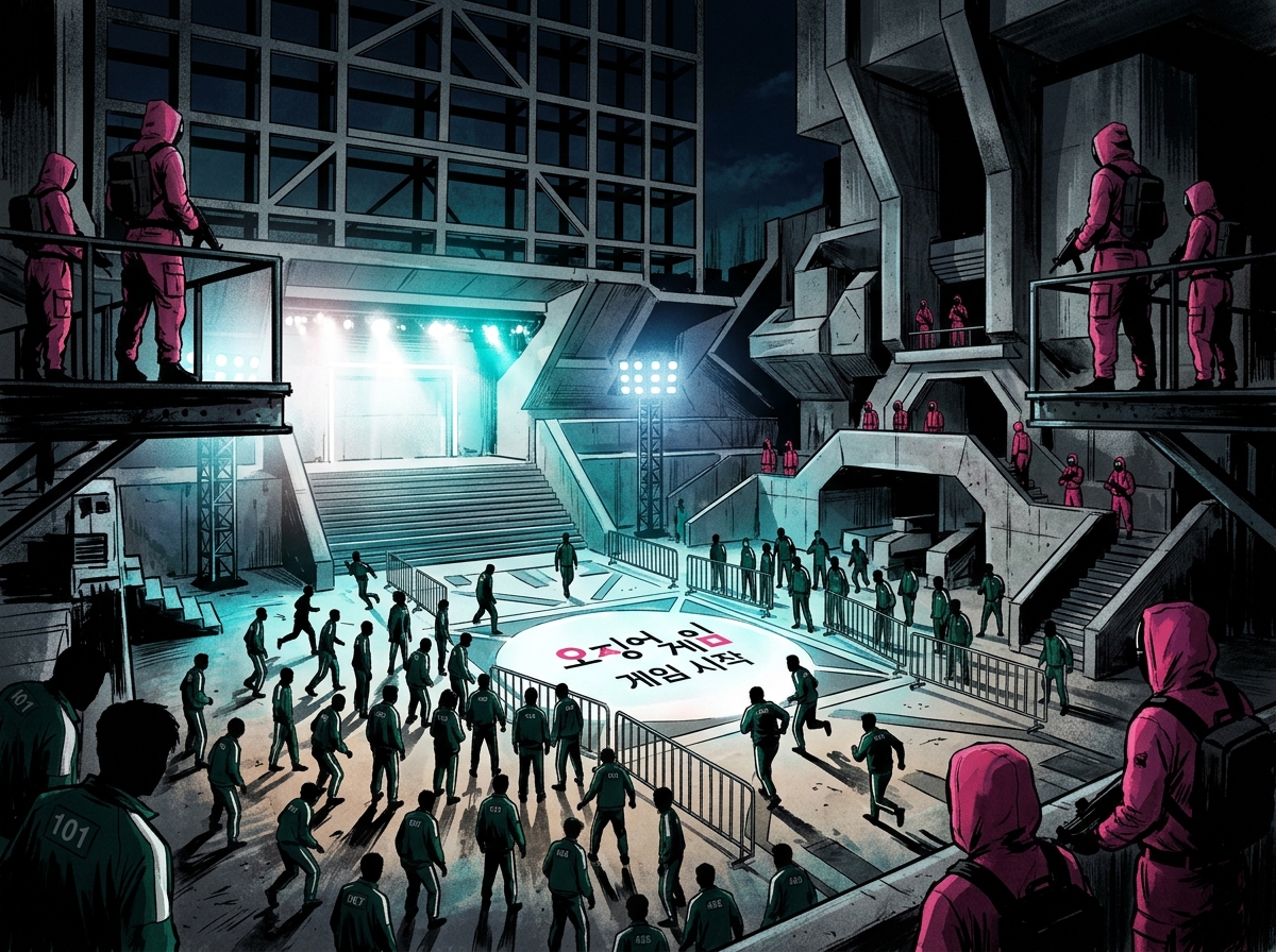 Dramatic game arena with geometric shapes and intense lighting