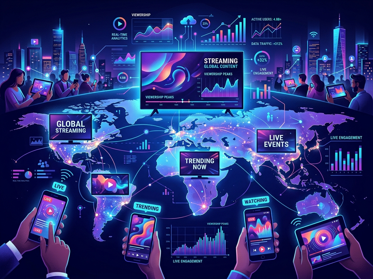 Global streaming viewership concept with world map and screens