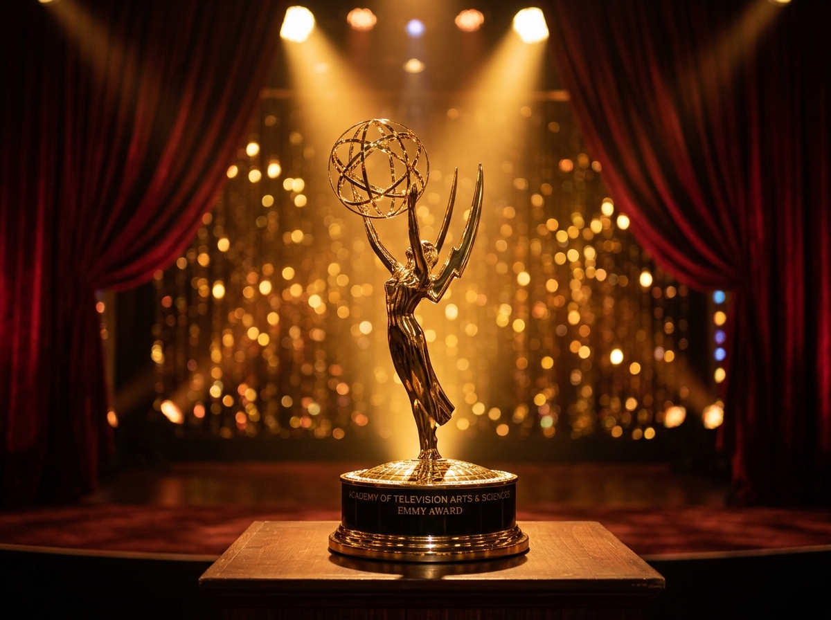 Emmy Awards trophy on stage with spotlights
